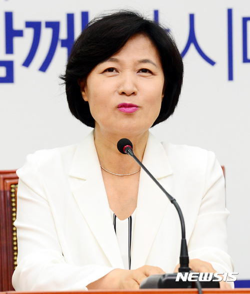 【서울=뉴시스】박영태 기자 = 추미애 더불어민주당 대표가 30일 오후 서울 영등포구 여의도 국회 당대표 회의실을 찾아온 정의용 국가안보실장을 만나 발언을 하고 있다. 2017.05.30. since1999@newsis.com