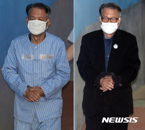 【서울=뉴시스】임태훈 기자 = 김기춘 전 청와대 비서실장이 수의를 입고 9일 오전 서울 서초구 서울중앙지방법원에서 열린 '문화계 블랙리스트' 24차 공판에 출석하고 있다. 오른쪽은 지난 2일 김 전 비서실장이 23차 공판 출석하는 모습. 2017.06.09.&nbsp; taehoonlim@newsis.com