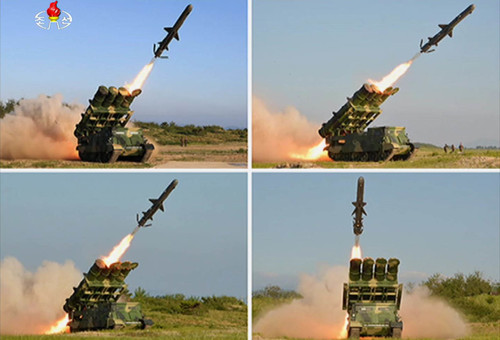 【서울=뉴시스】 북한 조선중앙TV는 김정은 국무위원장이 국방과학원에서 새로 개발한 신형 지대함 순항미사일 시험발사를 현지지도했다고 9일 보도했다. 이 자리에는 황병서, 리병철, 리영길, 김정식, 정승일이 동행했다. 2017.06.09. (출처 = 조선중앙TV 캡처) photo@newsis.com