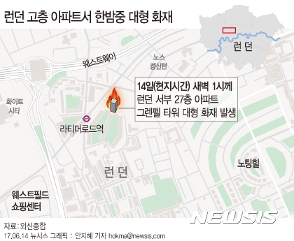 【서울=뉴시스】안지혜 기자 = 영국 런던에서 14일(현지시간) 새벽 1시16분께 27층 아파트 전체그렌펠 타워 전체가 불길에 휩싸였다고 CNN, BBC 등 외신들이 보도했다.&nbsp; hokma@newsis.com