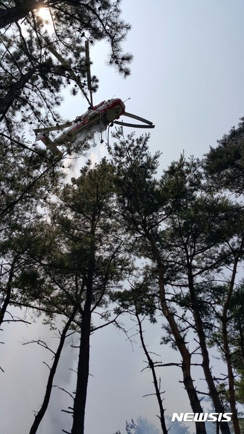 【울산=뉴시스】구미현 기자 = 17일 오전 11시 32분께 울산 중구 다운동 삼성아파트 뒷편 입화산에서 불이 나 출동한 소방대에 의해 1시간 50여분 만에 꺼졌다. 소방헬기가 산불을 진압하고 있다. 2017.06.17. (사진=울산소방본부 제공)photo@newsis.com
