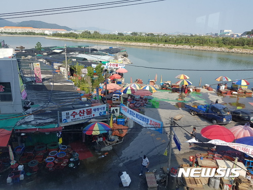 【창원=뉴시스】 홍정명 기자 = 경남 창원시 진해구청은 30년 전부터 용원동 의창수협수산물위판장 옆 바닷가 쪽 도로에 불법으로 형성된 ‘용원수산물재래시장’의 불법 가설물들을 오는 7월 10일 행정대집행을 통해 철거할 방침이다. 사진은 지난 5월 18일 촬영한 재래시장 전경이며, 사진 오른쪽 의창수협 주차장의 노점상들은 지난 19일 수협의 권고로 모두 철수한 상태다.2017.06.26. hjm@newsis.com