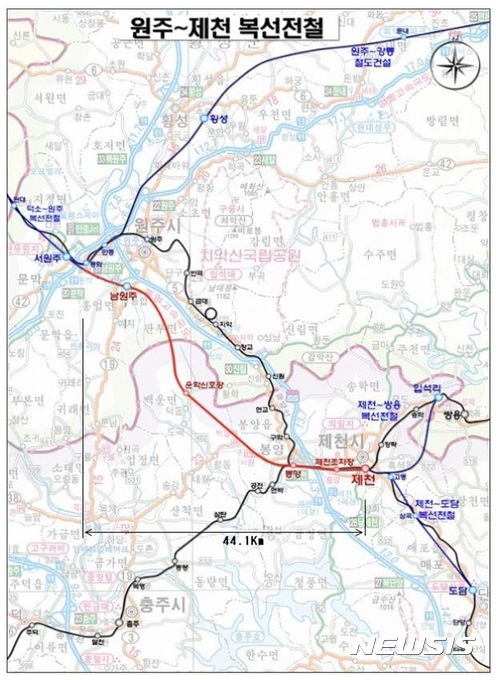 【제천=뉴시스】강신욱 기자 = 한국철도시설공단은 28일 중앙선 원주~제천 복선전철사업 전철공사에 착수했다. 사진은 원주~제천 복선전철사업 노선도. 2017.06.28. (사진=한국철도시설공단 제공) photo@newsis.com