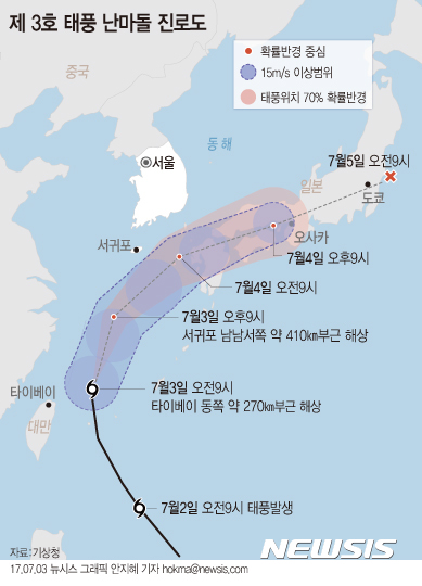 【서울=뉴시스】안지혜 기자 = 기상청에 따르면 지난 2일 발생한 제 3호 태풍 '난마돌'이 오전 9시 현재 대만 타이베이 동쪽 약 270km 부근 해상에서 시속 24km의 속도로 북진하고 있다.hokma@newsis.com