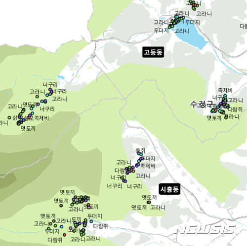 성남지역 내 722종의 동·식물 서식지와 분포도를 한눈에 볼 수 있는 '도심 생태 현황(비오톱·Biotope) 디지털 지도'에 나타난 포유류 서식지 모습.&nbsp; 