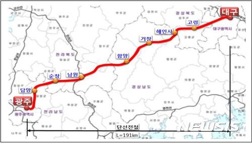 【대구=뉴시스】정창오 기자 = 19일 오전 대구시가 공개한 달빛내륙철도(대구~광주 고속화철도) 노선도. 2017.07.19.(사진=대구시 제공) photo@newsis.com