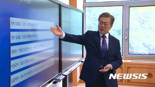 【서울=뉴시스】 문재인 대통령이 청와대에 일자리 상황판을 설치했다.