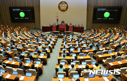 【서울=뉴시스】배훈식 기자 = 20일 오후 서울 여의도 국회 본회의장에서 열린 제352회 국회 임시회 제2차 본회의에서 여야 갈등을 빚어온 정부조직법 일부개정법률안(대안)이 재적 299인, 재석 221인, 찬성182인, 반대 5인, 기권 34인으로 가결됐다. 2017.07.20. dahora83@newsis.com