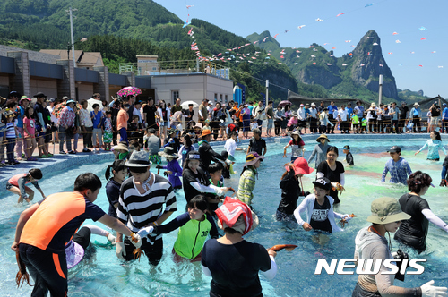 【안동=뉴시스】류상현 기자 =  지난해 열린 울릉오징어축제에서 관광객들이 맨손으로 오징어잡기를 하고 있다. 2017.07.24 (사진=경북도 제공)  photo@newsis.com 