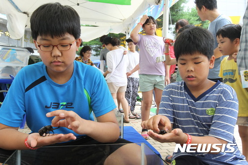 예천군 곤충생태원을 찾은 어린이들이 곤충체험을 하고 있다. (사진= 예천군 제공) 