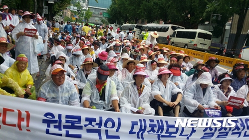 【영주=뉴시스】김진호 기자 =24일 청와대 앞에서 열린 '우박피해 대책촉구 전국대회'에서 경북 영주와 봉화, 전남 순천지역 우박피해 농민들이 '실질적인 대책'을 요구하는 플래카드를 앞세운 채 집회를 열고 있다. 2017.07.24 (사진= 영주시 제공) photo@newsis.com