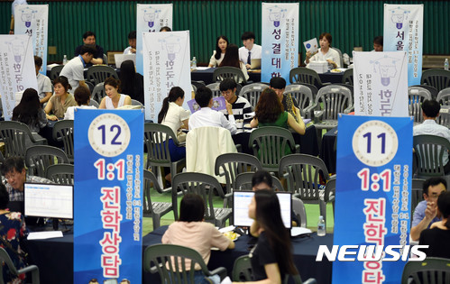 【광명=뉴시스】이정선 기자 = 지난 8월 8일 오전 경기 광명시민체육관에서 열린 2018학년도 1:1 진학상담 및 대학교 입시상담 박람회에서 학부모와 고3 수험생들이 상담을 받고 있다. ppljs@newsis.com