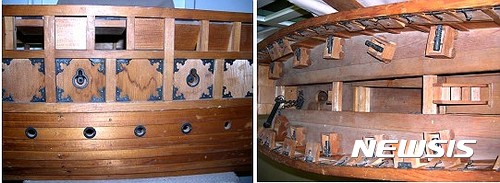 【서울=뉴시스】 현측(왼쪽), 활 쏘는 현창·포혈·노젓는 구멍. 내부, 포와 갑판 밑에 노 젓는 반(½) 갑판·사다리