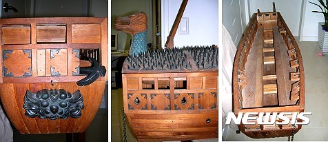 【서울=뉴시스】 왼쪽부터 이물, 거북머리와 철침 및 활·포·노 구멍, 거북등을 제거한 갑판 내부