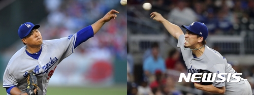 【서울=AP/뉴시스】오종택 기자 = 미국 메이저리그 LA 다저스의 5선발 자리를 놓고 경쟁 중인 류현진(왼쪽)과 일본인 투수 마에다 겐타. 2017.08.14.