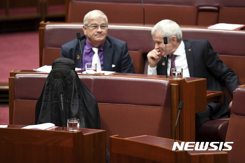 【캔버라=AP/뉴시스】호주 극우정당 소속 폴린 핸슨 상원의원이 17일 캔버라 국회의사당에서 열린 상원회의에 검은 색 부르카를 입고 나와 부르카 착용을 국가보안법으로 금지할 것을 촉구하고 있다. 2017.08.17