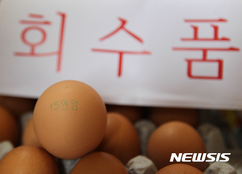 【제주=뉴시스】우장호 기자 = 19일 오전 제주시 한 양계농장에 살충제 비펜트린 성분이 기준치를 초과 검출된 청색 글씨로 써진'15연암' 계란 20판이 회수돼 있다. 이 계란은 도내 모 영농조합법인을 통해 300판(9000개)이 반입돼 이미 판매된 것으로, 지난 18일 소비자 제보로 당국이 조사한 결과 부적합 계란으로 확인됐다. 2017.08.19.&nbsp; woo1223@newsis.com