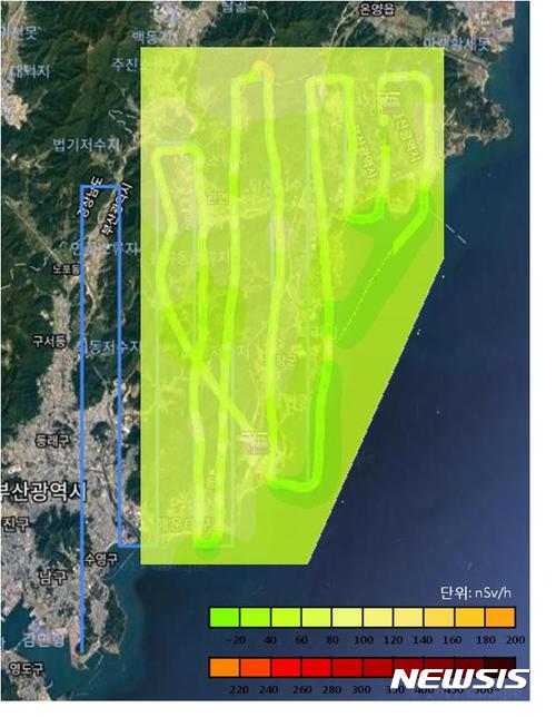 【부산=뉴시스】허상천 기자 = 부산시는 지난 17일 고리원전 일대 및 방사선 비상계획구역인 기장군을 비롯해 해운대구와 금정구에 대한 공중방사선 탐지 결과 최대 160 nSv/h(나노시버트/시간)로 정상 준위인 것으로 나타났다고 21일 밝혔다. 2017.08.21. (사진 = 부산시 제공) photo@newsis.com
