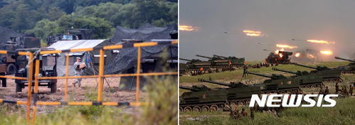 【파주=뉴시스】추상철 기자 =27일 오전 경기 파주시 접경지역에서 한미 연합 훈련인 UFG(을지프리덤가디언)에 참가한 주한미군이 훈련준비를 하고 있다(왼쪽). 지난 25일 북한군이 백령도와 대연평도 점령 가상훈련을 하고 있다.북한은 UFG 훈련에 대한 반발로 지난 26일 오전 강원도 깃대령 일대에서 김책남단 연안 동해상에 단거리 탄도미사일(SRBM) 3발을 발사했다. 2017.08.27.(출처=조선중앙TV 캡처) scchoo@newsis.com