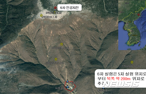 【서울=뉴시스】기상청은 3일 브리핑을 통해 이날 북한 함경북도 길주군 풍계리에서 감지된 인공 지진은의 규모는 5.7에 달했다고 전했다.  이 지진은 자연지진이 아닌 인공지진으로 추정된다. 기상청에 따르면 진앙은 북위 41.24도, 동경 129.04도이며, 진원의 깊이는 0㎞이다. 또 기상청이 보유한 150개 지진계에서 지진파가 모두 감지됐다며 모두 인공지진으로 분석됐다고 밝혔다. 2017.09.03. (사진=기상청 제공)photo@newsis.com