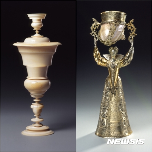 【서울=뉴시스】 타원형 뚜껑이 있는 잔(왼쪽), 1587년.여성 형상의 술잔, 1603~1608년께, 드레스덴박물관연합 그린볼트박물관 소장ⓒStaatliche Kunstsammlungen Dresden