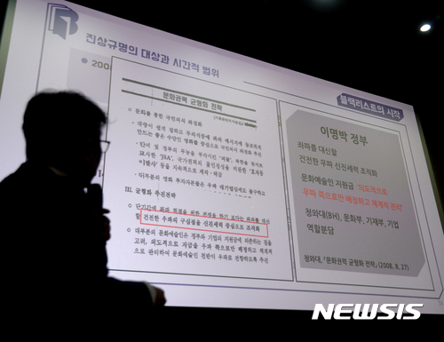 【서울=뉴시스】조수정 기자 = 문화예술계 블랙리스트 진상조사 및 제도개선위원회 기자브리핑이 진행된 18일 오전 서울 종로구 인디스페이스에서 진상조사위원장인 조영선 변호사가 2008년 8월 이명박 정부 당시 '문화권력 균형화 전략' 관련 청와대 내부 문건을 보여주며 경과보고를 하고 있다. 이 문건에는 '좌파를 대신할 건전한 우파의 구심점을 신진 세력 중심으로 조직화', '의도적으로 자금을 우파쪽으로만 배정하고 체계적으로 관리하여 문화예술인 전반이 우파로 전향하도록 추진' 등의 내용이 담겨 있다. 2017.09.18.&nbsp; chocrystal@newsis.com