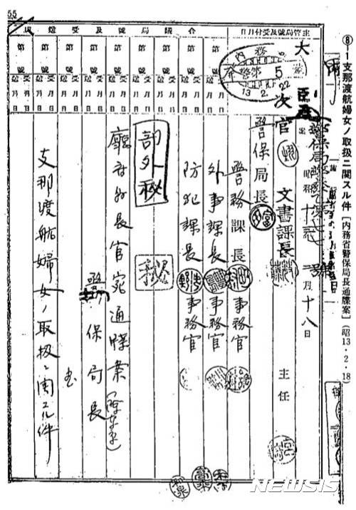 【서울=뉴시스】이예슬 기자 = 일본 경찰청 '지나 도항 부녀 취급에 관한 건'(1938.2.18). 내무성 경보국장이 위안부 동원을 공식적으로 허가하고 편의제공을 명령했다. (제공=세종대)