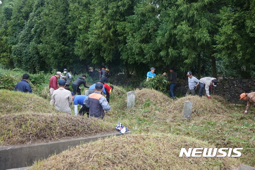【제주=뉴시스】강정만 기자 = 지난해 9월 추석을 앞둔 성묘객들이 제주 서귀포시 영천동 한 가족묘지에서 벌초를 하고 있다. 2017.09.23 kjm@newsis.com