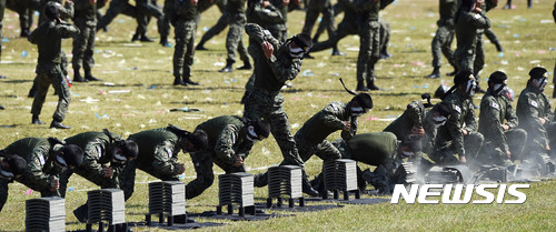 【평택=뉴시스】이정선 기자 = 건군 제69주년 국군의 날 행사가 열린 28일 오전 경기 평택 해군 제2함대 사령부에서 특전사 대원들이 무술 및 격파시범을 보이고 있다. 2017.09.28. ppljs@newsis.com