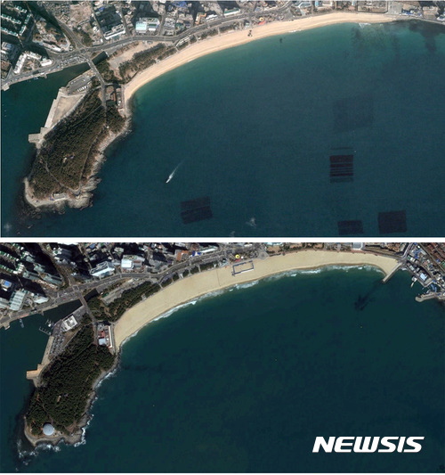 【부산=뉴시스】 하경민 기자 = 부산지방해양수산청 부산항건설사무소는 연안정비사업으로 시행한 해운대해수욕장의 모래복원사업이 5년여 만에 완공했다고 29일 밝혔다.사진은 위부터 2004년 2월과 2016년 3월 해운대해수욕장 백사장 모습. 2017.09.29. (사진=부산해수청 제공)yulnetphoto@newsis.com