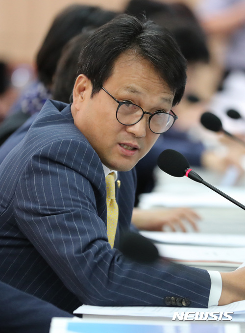 【세종=뉴시스】강종민 기자 = 13일 오후 정부세종청사에서 열린 국회 교육문화체육관광위의 문화체육관광부에 대한 국정감사에서 더불어민주당 안민석 위원이 일반 증인들에게 천경자 화백의 '미인도' 진위 사건에 대한 질의를 하고 있다. 2017.10.13. ppkjm@newsis.com