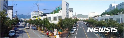 【영동=뉴시스】이성기 기자 = 충북 영동군 영동읍 이원리버빌아파트∼미주맨션까지 2.05㎞ 구간에 대한 전선 지중화 사업이 마침내 마무리 단계다. 사진은 지중화사업 전(왼쪽)과 사업 후 지난 15일 오후의 거리 모습이다.2017.10.16(사진=영동군 제공) sklee@newsis.com