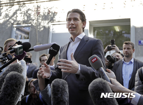 【빈=AP/뉴시스】 15일(현지시간) 치러진 오스트리아 총선에서 우파 정당들이 1~2위를 차지한 것으로 나타났다. BBC방송은 이날 현지 출구조사 결과를 인용해 중도 우파인 국민당이 30.2%의 득표율로 1위를 차지했으며, 반 난민과 반 이슬람을 표방하고 있는 극우정당인 자유당이 26.8%의 득표율로 2위로 부상했다고 보도했다. 국민당의 연정 파트너였다가 결별한 사회민주당은 26.3%의 득표율로 3위로 내려 앉았다. 이날 오스트리아 총선에서 국민당이 승리함에 따라 올해 31살인 세바스티안 쿠르츠(사진) 외무장관 겸 국민당 대표가 신임 총리가 될 것이 확실시 되고 있다. 쿠르츠 대표가 집권할 경우 세계 최연소 지도자 기록을 새롭게 쓰게 된다. 쿠르츠 대표가 15일 빈에서 투표를 마친 후 기자회견을 하고 있다. 2017.10.16.