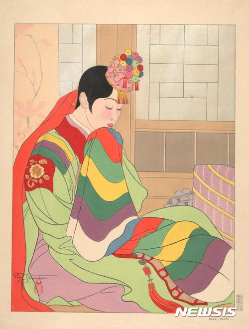 【서울=뉴시스】 신부, 일제강점기, 폴 자쿨레의 다색목판화. 전통 혼례복을 입은 조선인 신부의 모습이다. 얼굴은 서양인처럼 묘사했다.