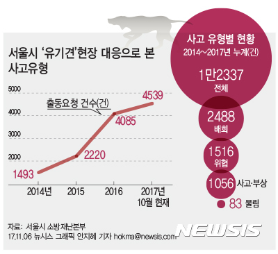 【서울=뉴시스】안지혜 기자 = 서울시 소방재난본부가 6일 발표한 유기견 현장대응 활동 통계를 보면 유기견 관련 출동요청은 2014년 1493건, 2015년 2220건, 2016년 4085건, 올해는 10월 현재 4539건으로 매년 증가하는 추세다. hokma@newsis.com