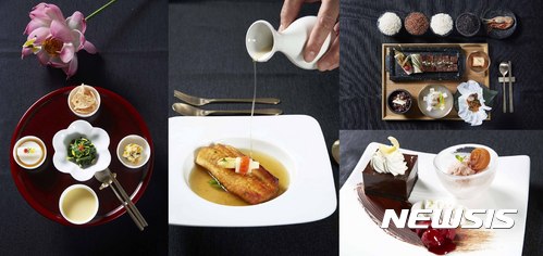 【서울=뉴시스】청와대가 7일 국빈만찬 코스별 메뉴를 공개했다. 코스 첫번째 메뉴는 옥수수죽을 올린 구황작물 소반, 두번째 동국장 맑은 국을 곁들인 거제도 가자미 구이, 세번째 360년 씨간장으로 만든 소스의 한우 갈비구이와 독도 새우잡채를 올린 송이 돌솥밥 반상, 마지막으로 산딸기 바닐라 소스를 곁들인 트리플 초콜렛 케이크와 감을 올린 수정과 그라니타. 2017.11.07. (사진=청와대 제공) photo@newsis.com