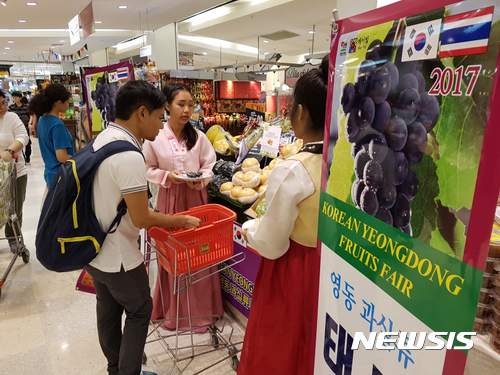 【영동=뉴시스】이성기 기자 = 충북 영동군의 명품 과일이 30t이 내년 태국으로 수출된다. 사진은 지난 9월 동남아 신흥시장으로 떠오른 태국의 수도 방콕 홈프레씨마트에서 영동과일 홍보 판촉행사를 하는 모습이다.2017.11.09(사진=영동군 제공)&nbsp; sklee@newsis.com&nbsp; 