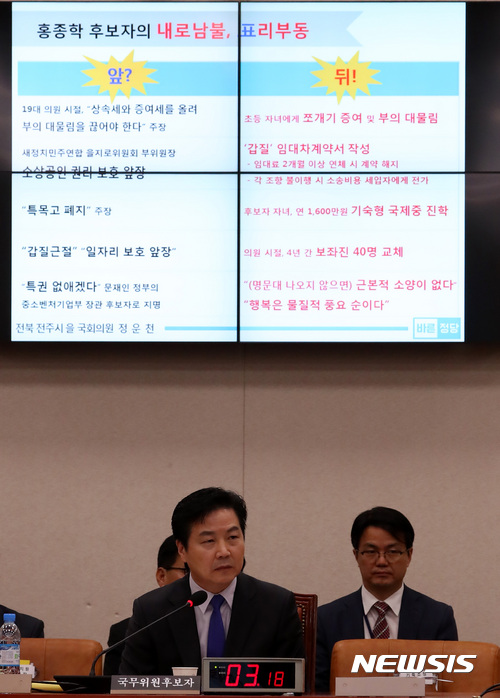 【서울=뉴시스】이영환 기자 = 홍종학 중소벤처기업부 장관 후보자가 10일 오후 서울 여의도 국회 산업통상자원중소벤처기업위원회 회의실에서 열린 인사청문회에 참석해 정운천 의원의 '말과 행동이 다르다'는 의혹에 대해 답변하고 있다. 2017.11.10.  20hwan@newsis.com