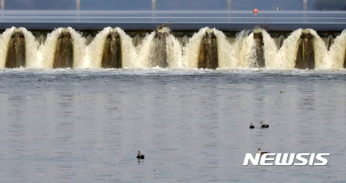 【부여=뉴시스】강종민 기자 = 정부가 수질개선과 생태계에 미치는 영향을 조사하기 위해 4대강 사업으로 만든 16개 보 중 14개 보를 단계적으로 개방하기로 한 가운데 13일 오후 충남 부여군 백제보의 수문이 열려 물이 쏟아지고 있다. 2017.11.13.&nbsp; ppkjm@newsis.com