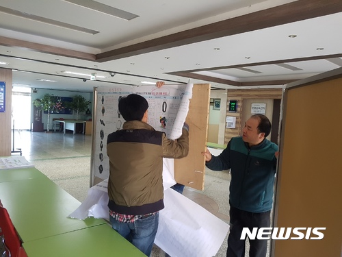 【수원=뉴시스】김지호 기자 = 지난 15일 경북 포항에서 발생한 규모 5.4 지진으로 2018학년도 대학수학능력시험이 일주일 연기된 가운데 16일 오전 경기 수원 창현고등학교에서 교직원들이 수능 안내문을 철거하고 있다. 2017.11.16 kjh1@newsis.com