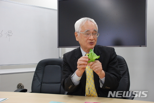 【가시와(지바)=뉴시스】 김혜경 기자 = 일본 지바(千葉)현 가시와(柏)시에 위치한 지바대학에서 고자이 도요키(古在豊樹) 지바대학 명예교수(농학박사)가 지난 11월14일 식물공장에서 재배한 양상추를 들어보이며 설명을 하고 있다. 2017.11.26