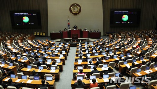 【서울=뉴시스】홍효식 기자 = 24일 오전 서울 여의도 국회 본회의장에서 열린 제354회 국회(정기회) 제13차 본회의에서 국회의원수당 등에 관한 법률 일부개정법률안이 재석의원 218명 중 찬성 151명, 반대 28명, 기권 39명으로 가결처리 되고 있다. 2017.11.24. yesphoto@newsis.com