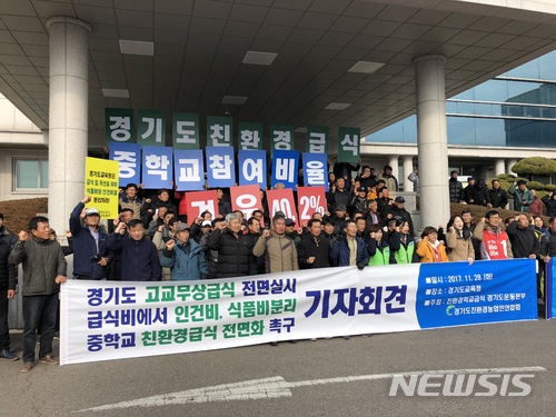 【수원=뉴시스】이준석 기자 =28일 오전 경기도교육청 정문에서 친환경학교급식경기도운동본부와 경기도친환경농업인연합회는 기자회견을 열고 '고등학교 무상급식 전면실시'를 촉구했다. 2017.11.28. (사진=친환경학교급식경기도운동본부 제공) photo@newsis.com