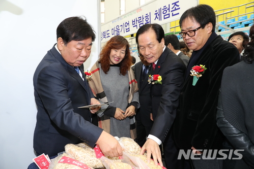  【의성=뉴시스】김진호 기자 = 28일 경북 의성군 의성체육관에서 열린 '경상북도 마을기업 및 의성군 청년 창업취업 박람회'에서 우병윤(왼쪽) 경북도 경제부지사와 김주수(왼쪽에서 세번째) 의성군수가 전시된 마을기업 제품을 살펴보고 있다. 2017.11.28 (사진=의성군 제공) photo@newsis.com