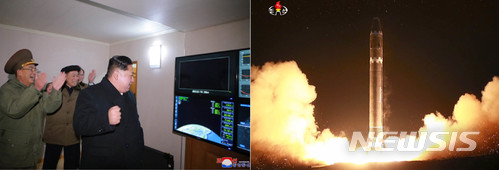 【서울=뉴시스】북한 김정은 국무위원장이 29일 새벽 평양인근에서 신형 대륙간탄도미사일(ICBM)급 화성-15형 시험발사 현장을 찾아 참관했다고 밝혔다. 2017.12.02. (출처=노동신문) photo@newsis.com