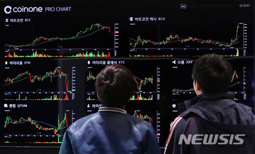【서울=뉴시스】김진아 기자 = 비트코인이 이틀 연속 급등하며 2000만원을 넘어선 8일 서울 여의도 가상화폐 오프라인 거래소 코인원블록스에서 대형 전광판에 비트코인 등 가상화폐 시세가 보이고 있다. 국내 가상화폐 거래소 코인원에 따르면 8일 오전 7시경 비트코인은 2250만원을 돌파하며 역대 최고가 기록을 달성했다. 2017.12.07. bluesoda@newsis.com