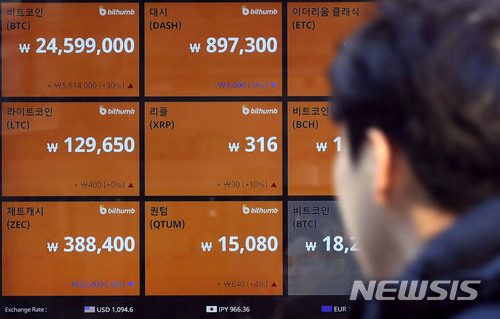 【서울=뉴시스】최동준 기자 = 비트코인이 이틀 연속 급등하는 등 가상화폐 투자 열기가 뜨거운 가운데 8일 서울 시내 한 가상화폐 거래소에서 한 시민이 거래 시세를 보고 있다. 2017.12.08. photocdj@newsis.com