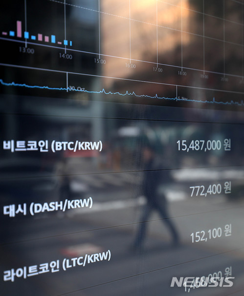 【서울=뉴시스】추상철 기자 = 10일 오후 서울 중구 가상화폐 거래소인 빗썸에 설치된 가상화폐 전광판. 2017.12.10. scchoo@newsis.com