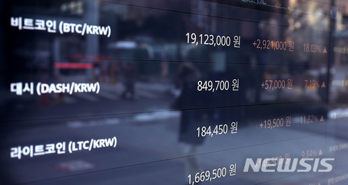【서울=뉴시스】추상철 기자 = 미국 시카고 옵션거래소(CBOE)에서 첫 비트코인 선물 거래가 시작된 11일 오전 서울 중구 가상화폐 거래소인 빗썸에 설치된 가상화폐 전광판에는 비트코인을 비롯한 각종 가상화폐 가격이 일제히 오름세를 보이고 있다. 2017.12.11. scchoo@newsis.com