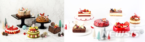 【서울=뉴시스】노보텔 앰배서더 서울 강남 '로비 라운지'(왼쪽)와 쉐라톤 서울 디큐브시티 호텔 '피스트'의 '크리스마스 케이크'.